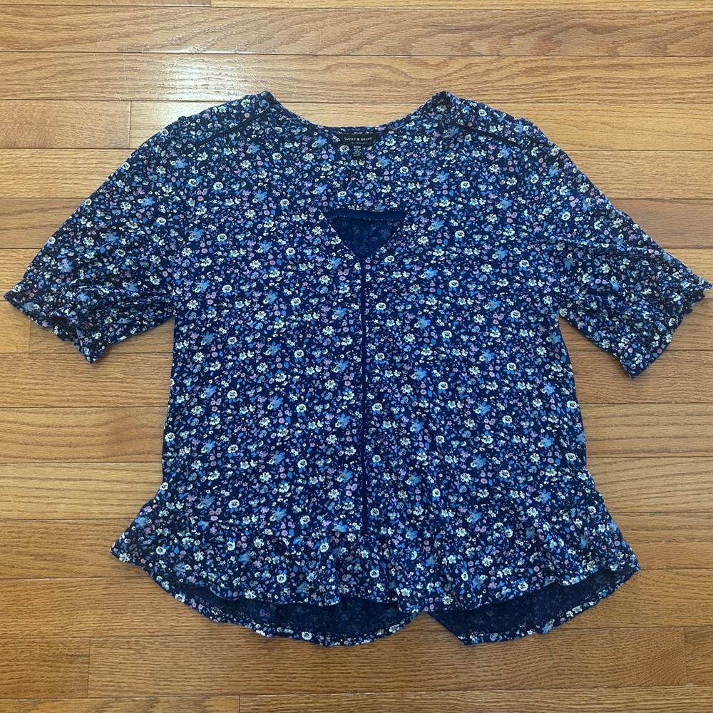 Lucky Brand Shirt Women’s Size M Multicolor Floral Peplum Short Sleeve Ruffle